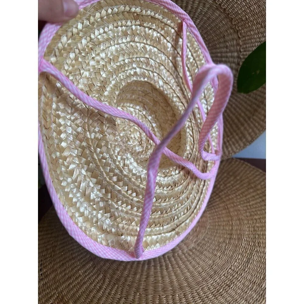 Large Straw Sun Hat with Pink Gingham Trim